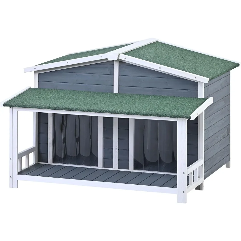 

Wooden Outdoor Dog House with Weatherproof Asphalt Roof, Dog Shelter with Large Viewing Windows, Raised Floor, and Porch - Ideal