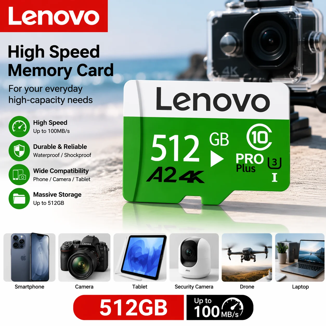 Lenovo Micro TF SD Card High-Speed Support 512GB V30  TF Flash Cards For DJI Drone Camera Monitoring Extreme Pro SD Memory Card
