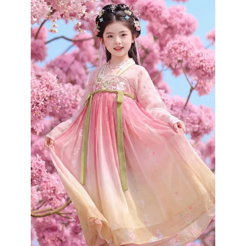 

Hanfu girls spring 2026 new antique dress super fairy little girl national style Tang clothing children's antique skirt
