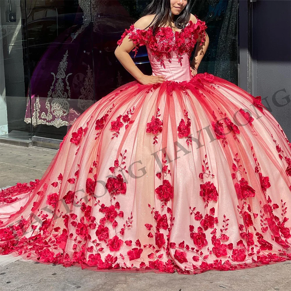 Ballkleid Quince anera Kleid von der Schulter V-Ausschnitt Perlen 3D Blumen Boden länge exquisite benutzer definierte Farbe süße 15 Jahre Kleider