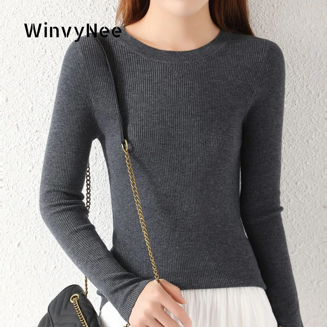 

WinvyNee Women Worsted Wool Small Crew Neck Long Sleeve Ribbed Slim Fit Spring Autumn Lightweight Elegant Tops Pullover A1757017