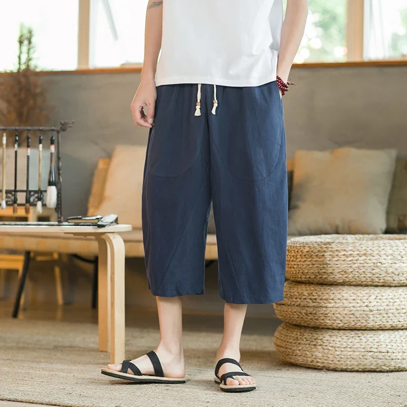 Chinese Style Summer Men Linen Pants 2024 Men Wide Leg Trousers Male Drop Crotch HipHop Man Joggers Calf-Length Pants Track Pant