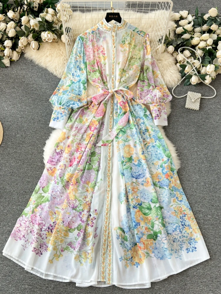 Temperament Woman Dress Vintage Floral Sweet Robe Vestido Femme Bandage Slim Waist Bohemian Maxi Dress 2024 Vestidos De Mujer Wj