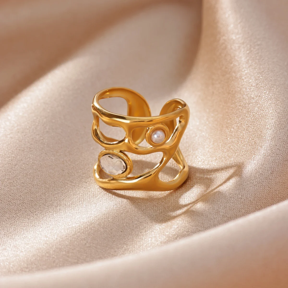 Edelstahl-Zirkon-Perlen-Geometrie-Ringe für Damen, goldfarben, Edelstahl-Hohlring, Hochzeitsschmuck, Geburtstagsgeschenk