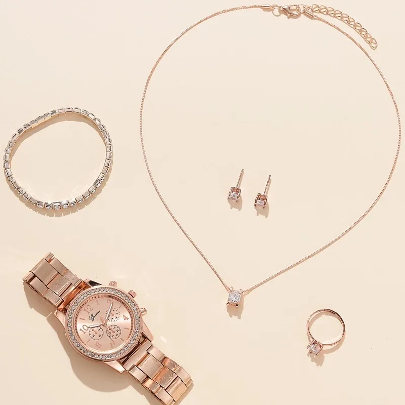 6PCS Set Rose Gold Luxury Watch Women Ring Necklace Earring Rhinestone Fashion Wristwatch Casual Ladies Bracelet Watches