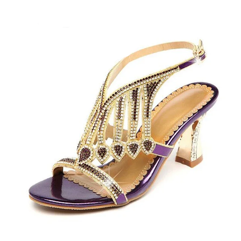 BEYARNE  Summer Style Gold Coloured High Heeled Sandals Rhinestone Wedding Shoes Diamond Buckle Women Qualities