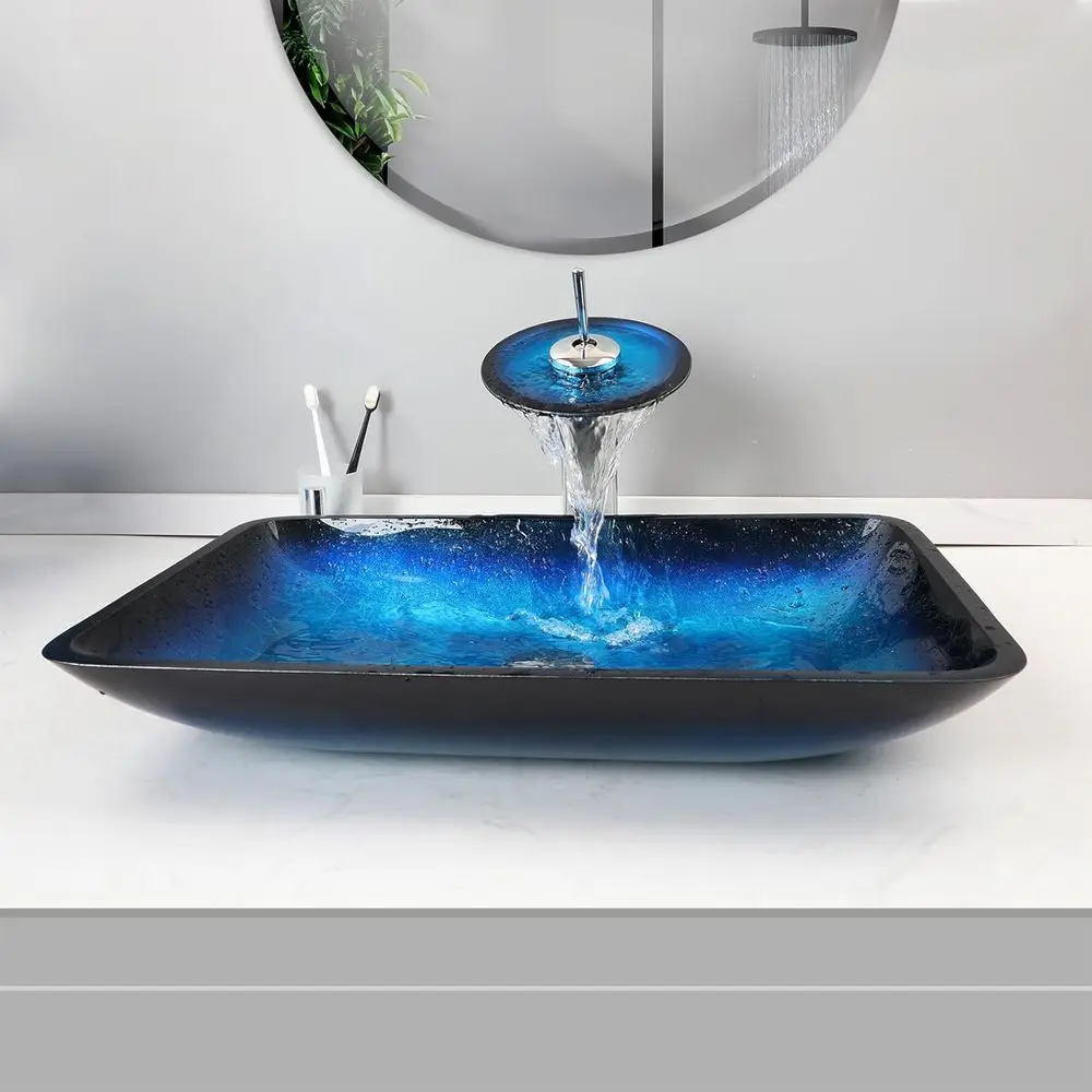 

22 Rectangle Tempered Glass Bathroom Sink with Faucet and Drain, Artistic Vessel Sink Bowl