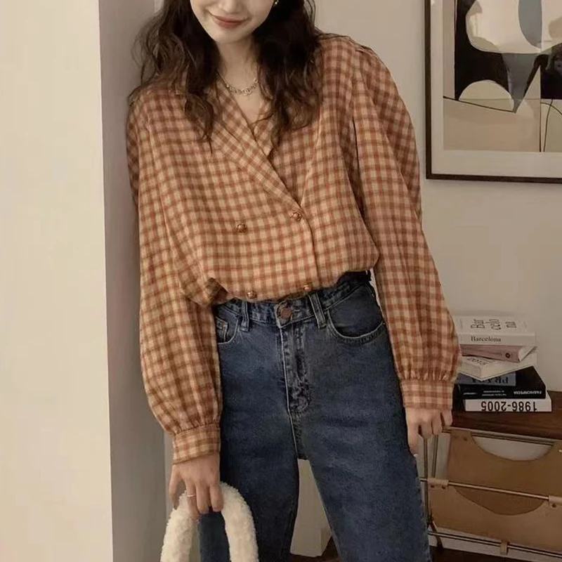 2024 Women Trendy Vintage Plaid Print Double Breasted Shirts Notched Neck Y2K Chic Blouses Female Casual Long Sleeve Loose Tops