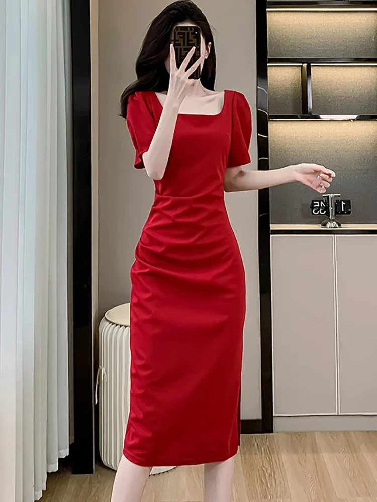 2025 여름 우아한 바디콘 베스티도 한국 빈티지 이브닝 드레스 레드 반팔 스퀘어 넥 럭셔리 웨딩 드레스 여성용