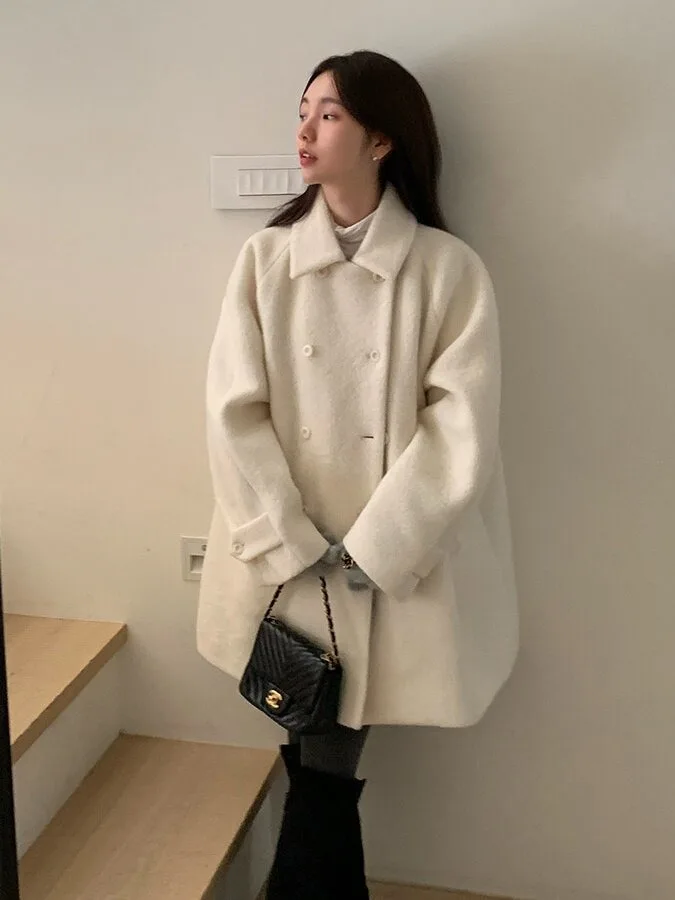 Chic Warm Winter Coat Women's Double Breasted Cotton Wool Blend Stand Collar Korean Style Outerwear Casual Versatile Fashion
