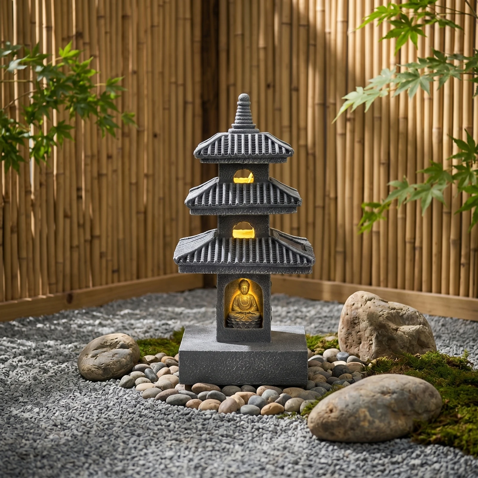 Statue de pagode avec lanterne en résine, pagode à trois niveaux compacte pour l'extérieur, pour les jardiniers, la terrasse, le chemin