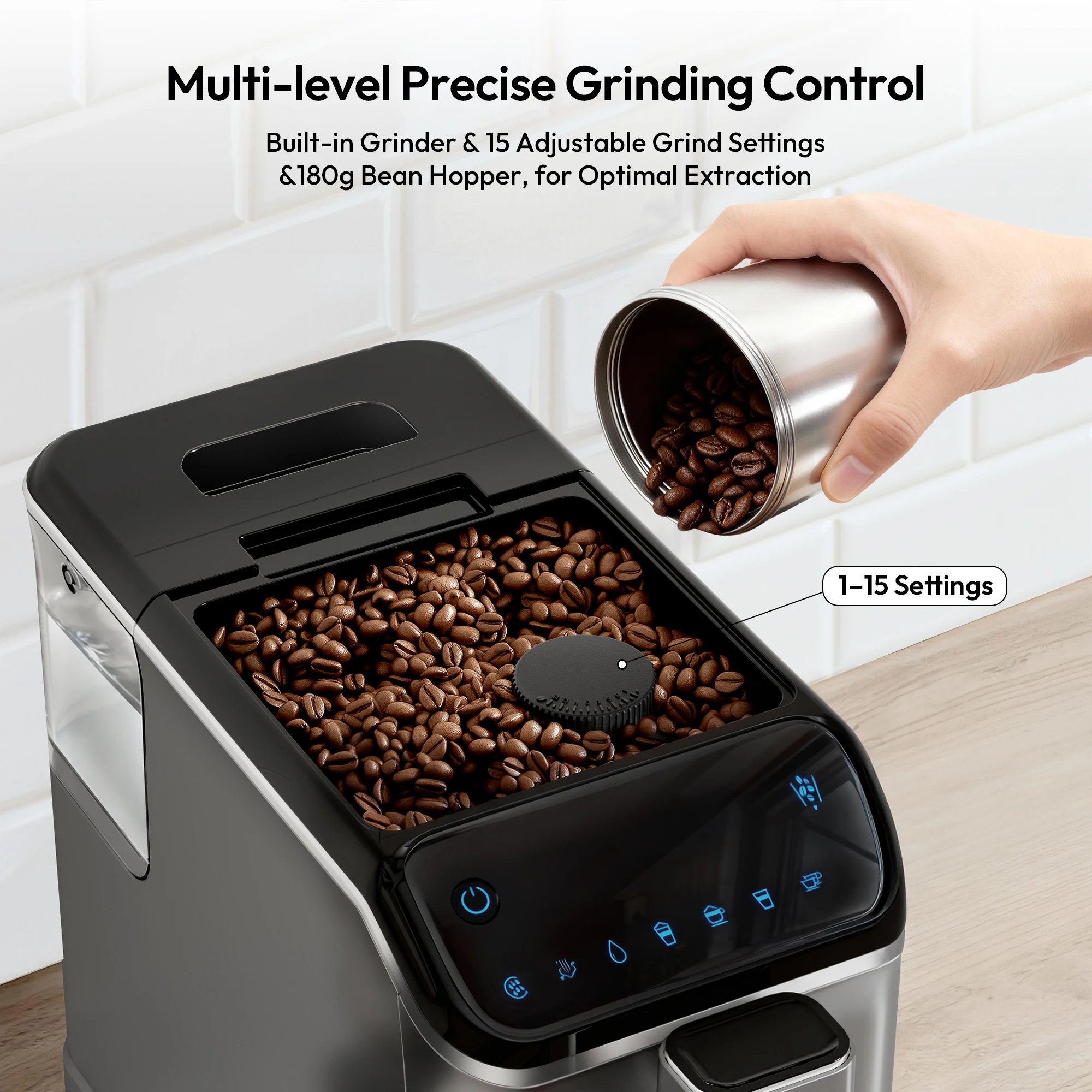 EUHOMY 2-Cup Fully Automatic Espresso Machine with Manual Milk Frother & 15 Grind Settings, 20 Bar High Coffee Maker, Auto Self-Cleaning System, Integrated Milk Frother Suitable for, Office