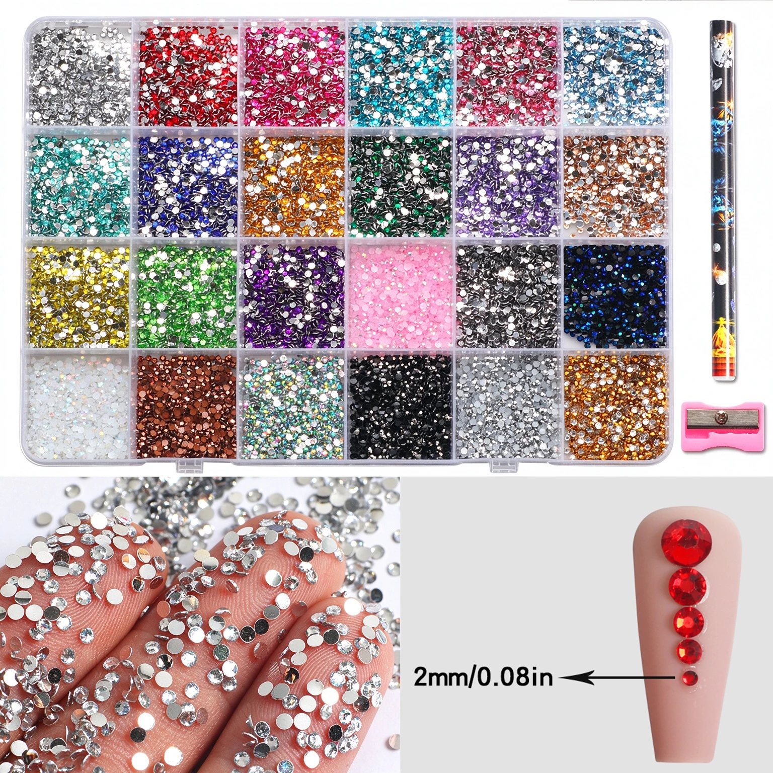 24-Grids Colorful round Flat Bottom Resin Diamonds Mixed Multi-Size 2-3-4-5-6mm Nail Art Jewelry DIY Handmade Decorative Set
