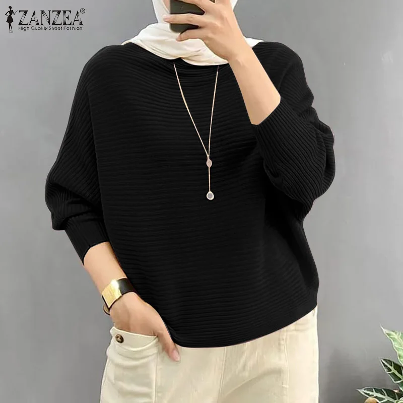 2026 Women Spring Blouses Pullover ZANZEA Fashion Solid Knitted Shirt O Neck Long Sleeve Tops Casual Ribbed Blouse Muslim Blusas