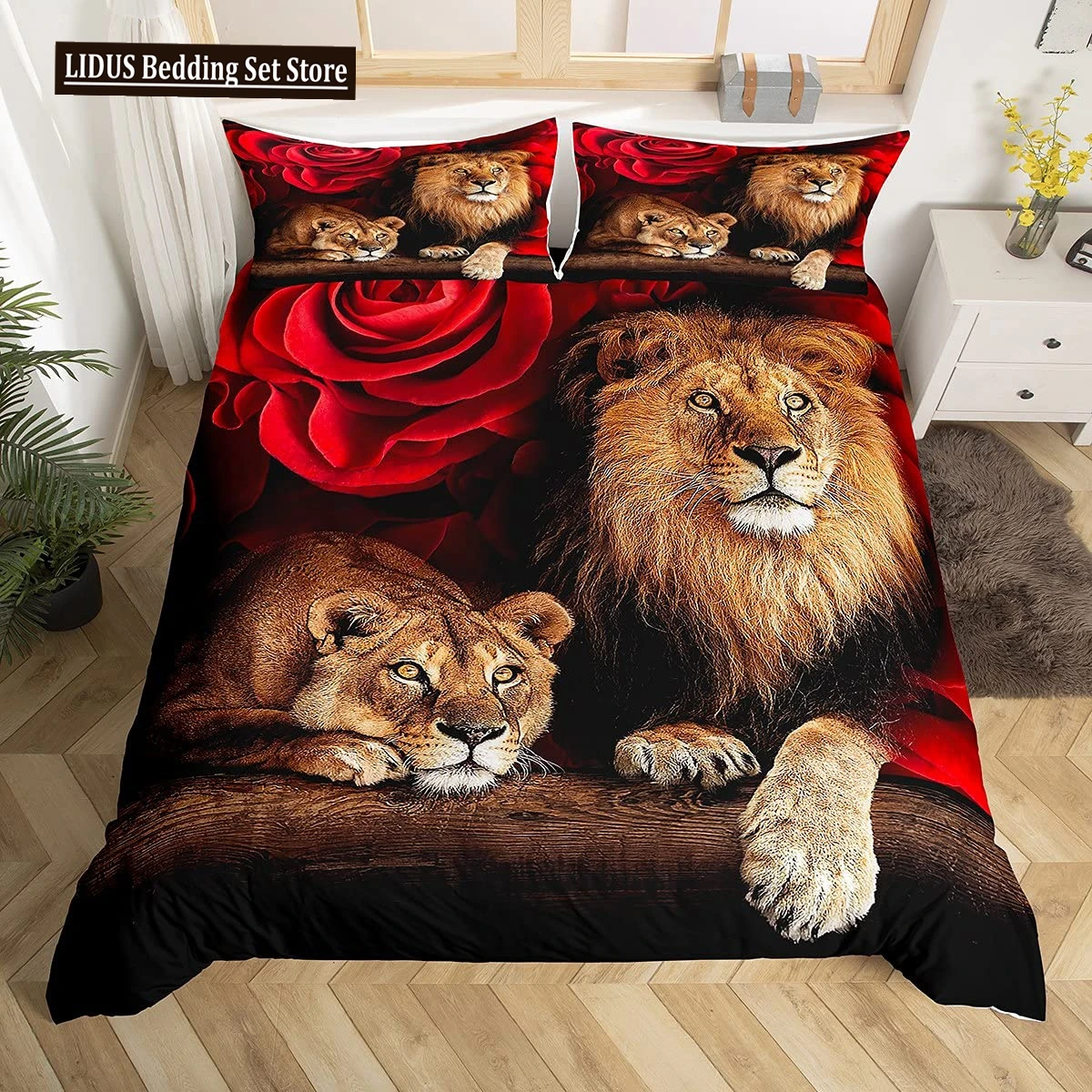 

Lion Rose Duvet Cover Sets King Size Animal Floral Print Polyester Comforter Cover Nature Theme Bedding Set For Kids Adult Teens