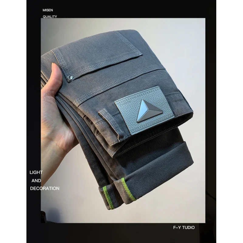 Grey washed casual pants for men, light luxury trend versatile, small straight leg elastic denim slim fit pants