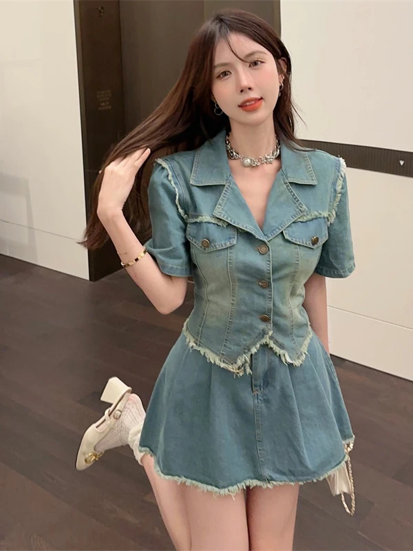 

Slimming Short Jeans Set Women's Summer Thin Large Size Top Short Skirt Two-Piece Set Fashionable Collar Button Closure