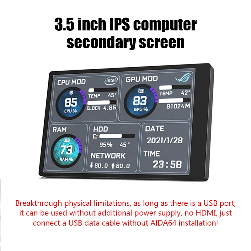 3.5 Inch IPS Type C Secondary Screen for Computer CPU GPU RAM HDD Display 320*480 USB LCD Monitor Freely AIDA64 Windows 10 11