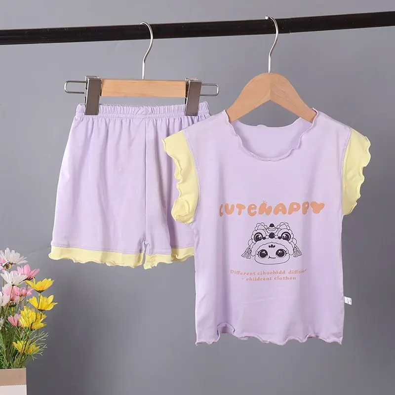 Summer Girls Lightweight 2-Piece Pajamas Set with Shorts for Baby Kids Home Loungewear