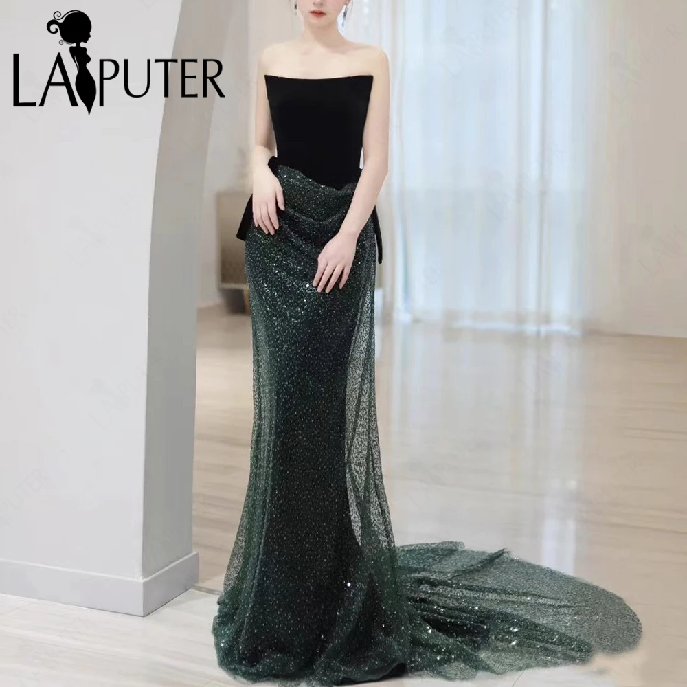 

Green Column Prom Dresses Velvet Bodice Boned Basque Evening Gown Green Sequin Skirt Flowing Ruched hips Celebrity Party Dress