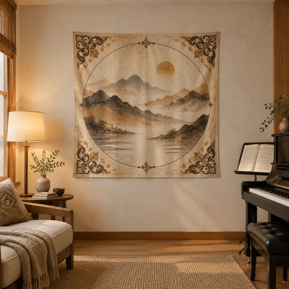 VIKAMA Muted Mountain Mist Corner Motif Tapestry Wall Hanging, Wabi Sabi Wall Decor Tapestries for Bedroom Nursery Kids Room