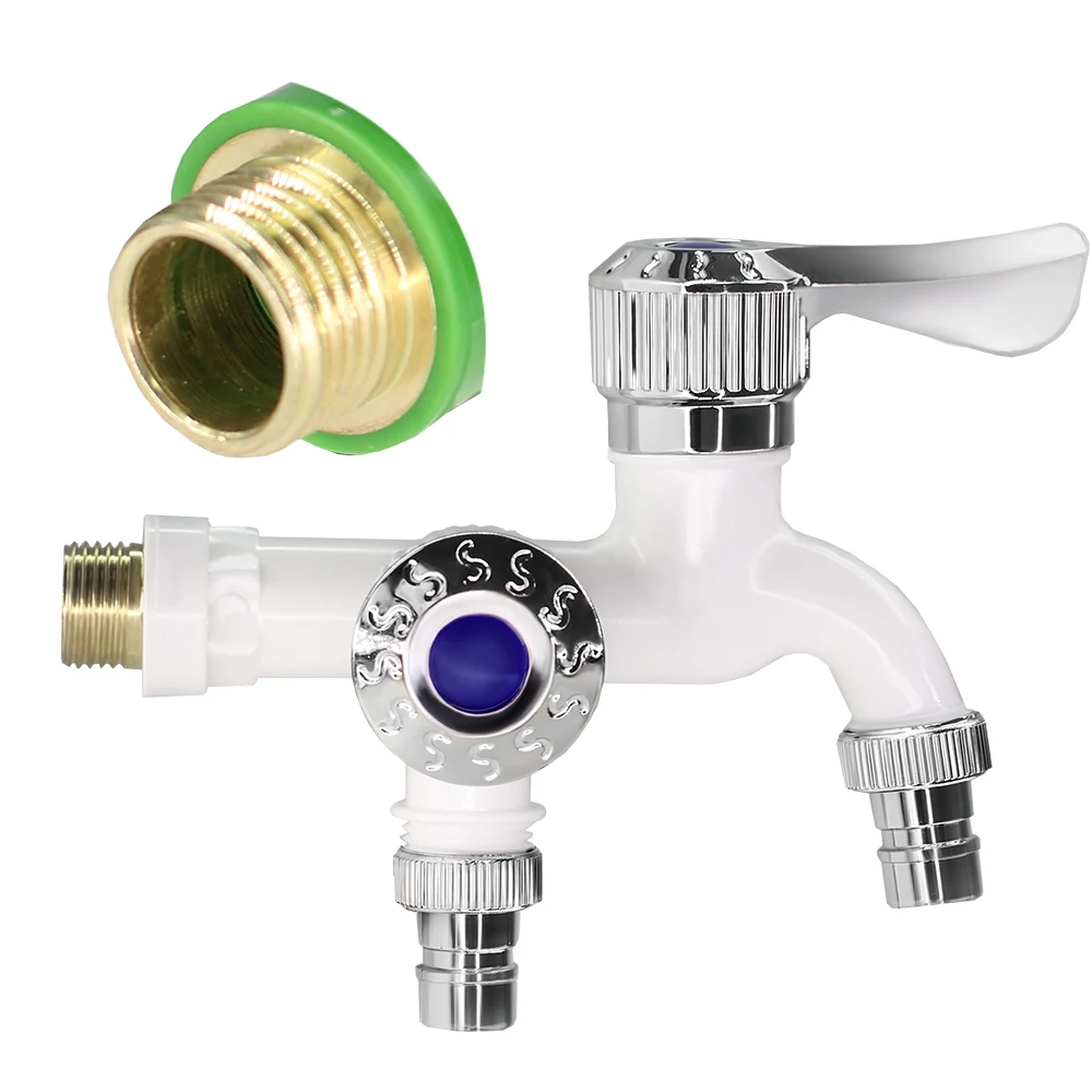 1/2'' Two Way Tap with Water Hose Connecter Home Garden Bib Cock Twin Elbow Valve Faucet Bathroom Kitchen Car Washing Irrigator