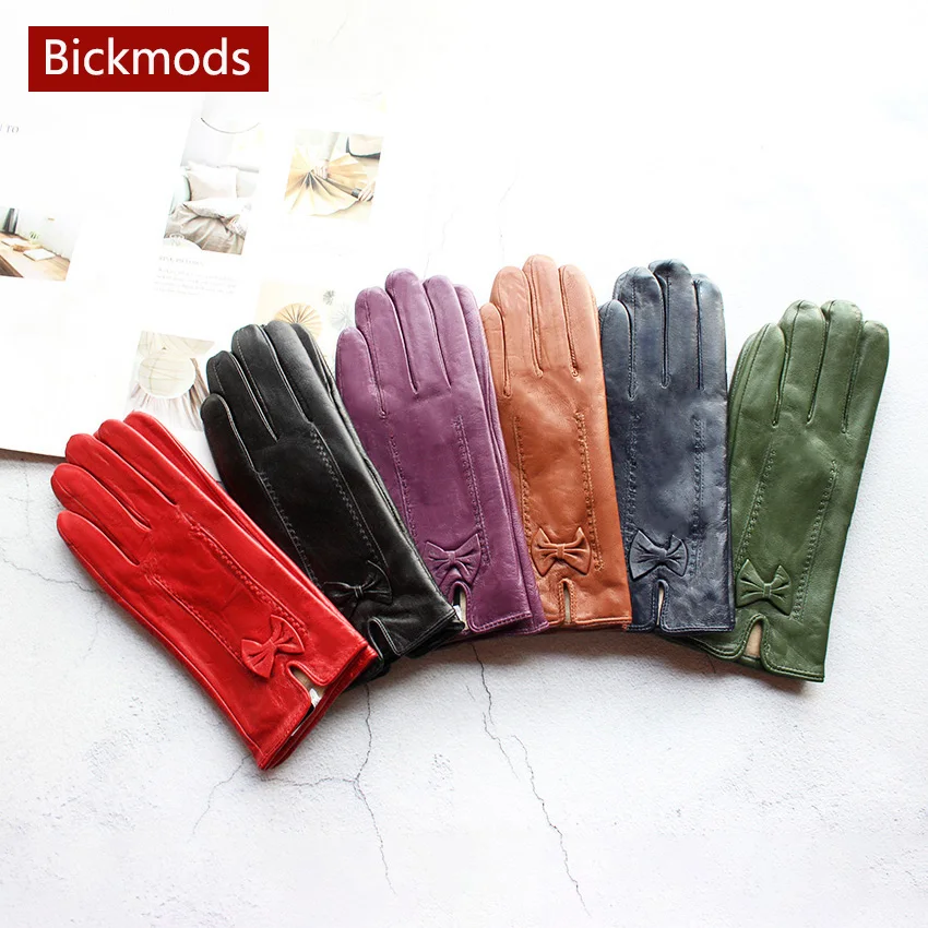 Colorful Leather Gloves Women Fashion Simple Style Velvet Lining Autumn Winter Warm Ladies Sheepskin Finger Gloves