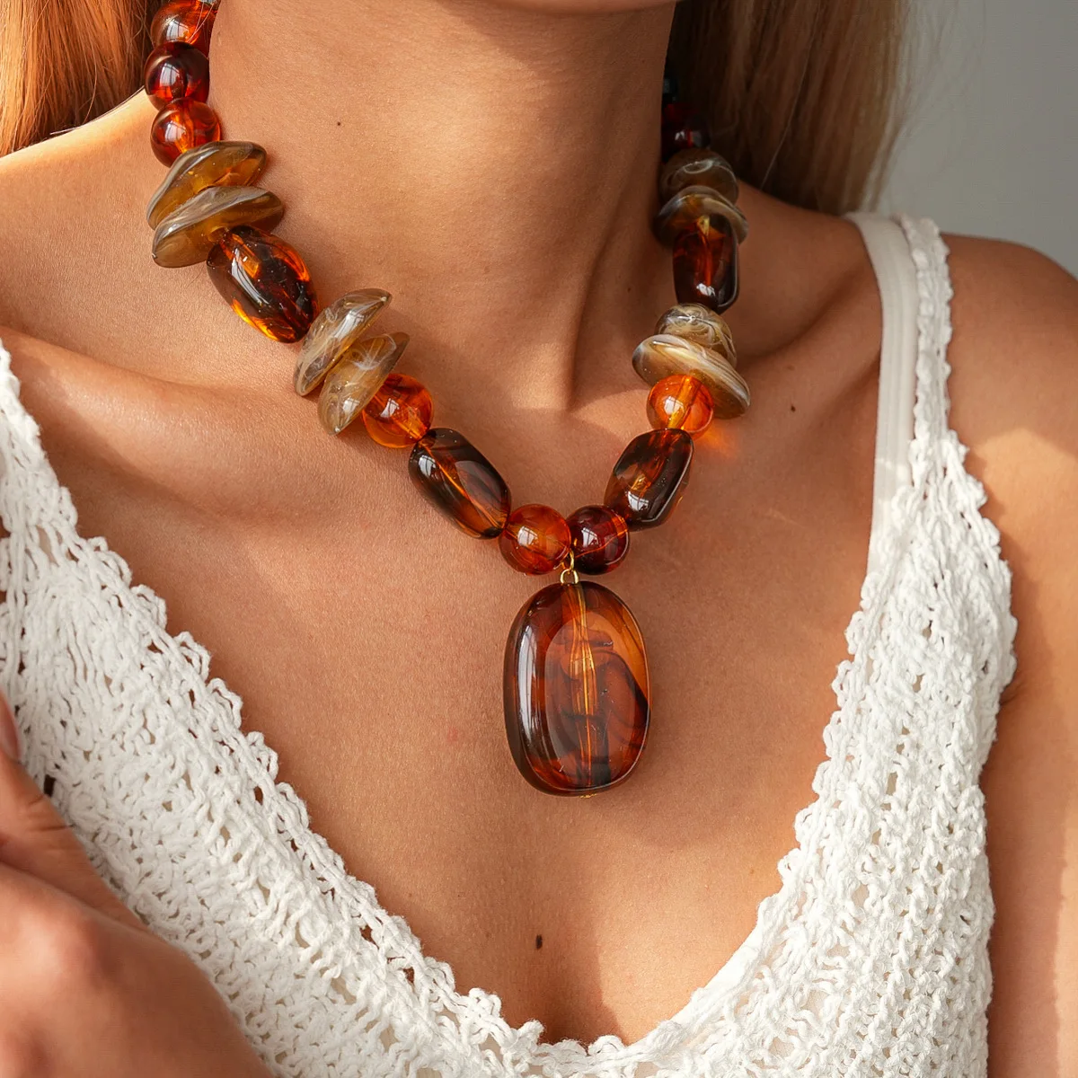 Boho Amber Resin Stone Choker Necklace Irregular Brown Pendant Body Jewelry Accessories For Autumn Daily Fashion Outfits