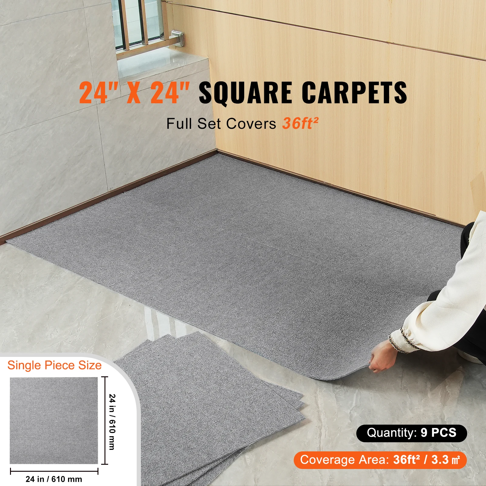 Carpet Tiles Peel and Stick, 24” x 24” Squares Self Adhesive Carpet Floor Tile, Easy Install DIY for Bedroom Living Room Indoor Outdoor (9Tiles, Soft Padded Carpet Tiles, Light Gray)