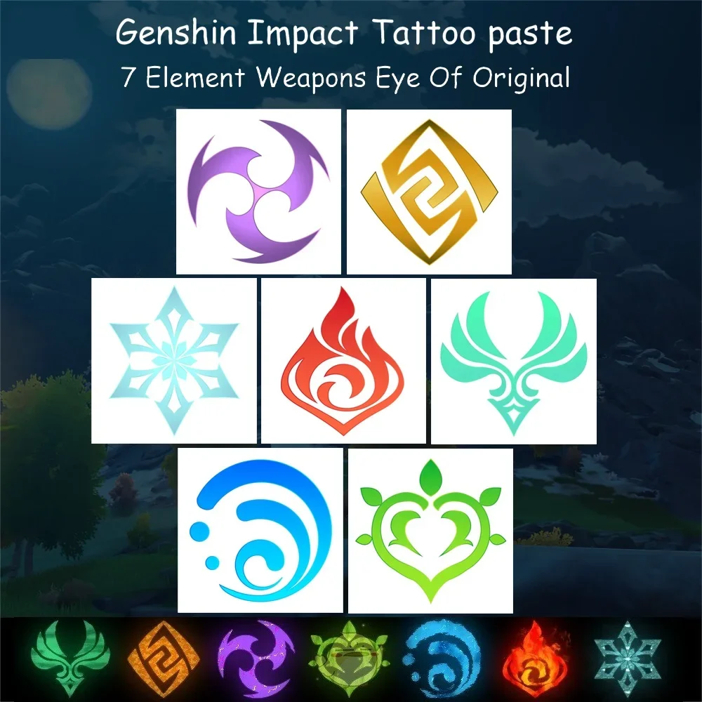 Genshin Impact Anime Cosplay Tattoo Sticker, 7 Element Weapons, Eye of Original, Waterproof, Temporary, Sticker, Halloween Gift