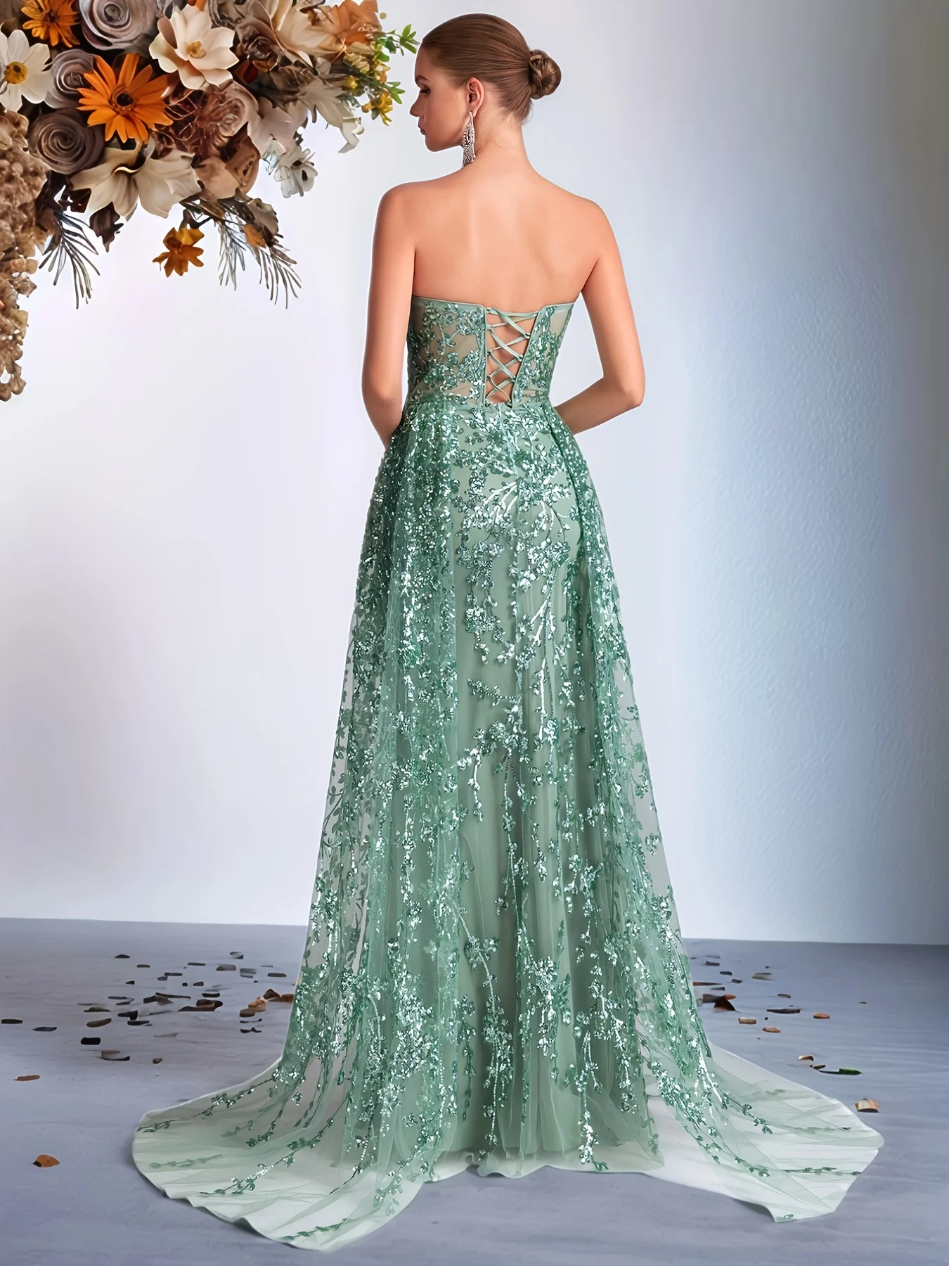 Elegant Strapless Evening Dress, Women's Sage Green Sequin - Embroidered Gown with Slit & Sheer Panel for Luxury PartyCustomized