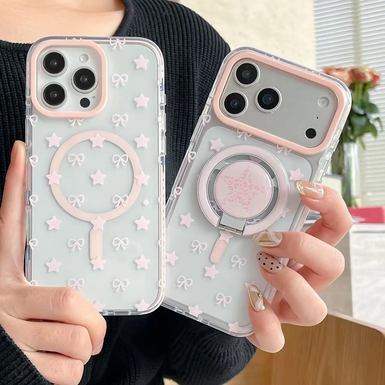 

Полноэкранный розовый чехол с бантом и звездой, розовый кронштейн для телефона для iPhone 17 16 15 14 Pro Max 13 Y2K, чехол Ins Niche с защитой от падения