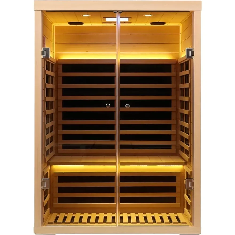 Wooden 2 Person Low EMF Far Infrared Sauna, Tempered Glass Doors, 1780w, App & LCD Panel Control, Bluetooth Speakers