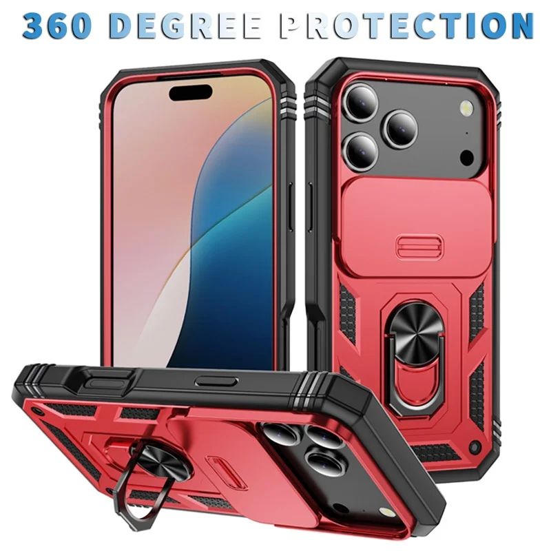 

360°Camera Proctive Phone Case for iPhone 17 Air 16 Pro Max 16E 15 Plus 14 13 12 11 Ring Holder Heavy Duty Anti-Drop Cover Etui