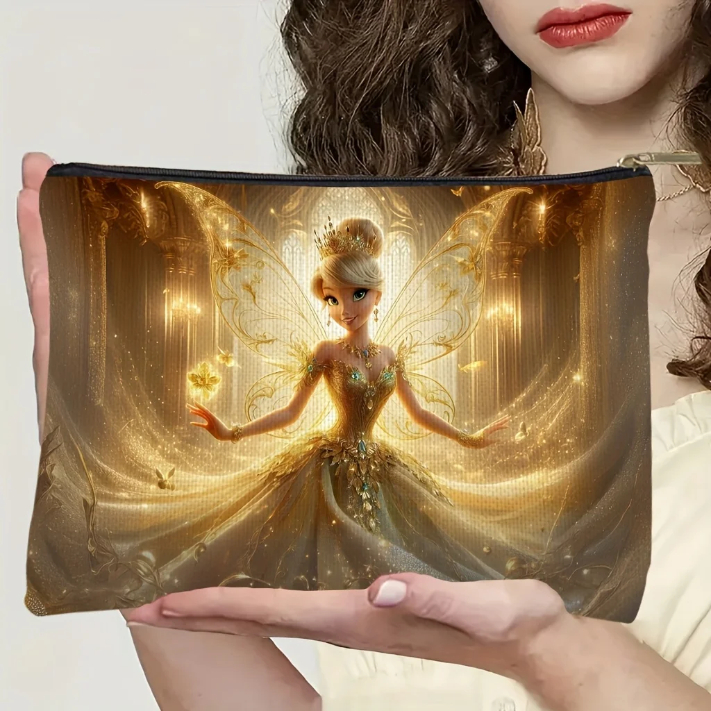 1 ディズニー ピクシー プリンセス 金メッキ化粧バッグ、きらめく羽と宮殿風プリント、ジュエリー収納バッグ、完璧なトラベルジッパー収納バッグ - 楽しい誕生日プレゼント