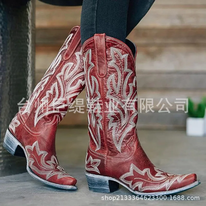 Damenstiefel, klassische bestickte Western-Cowboystiefel, Damen-Leder-Cowgirl-Stiefel, Schuhe mit niedrigem Absatz, kniehohe Damenstiefel