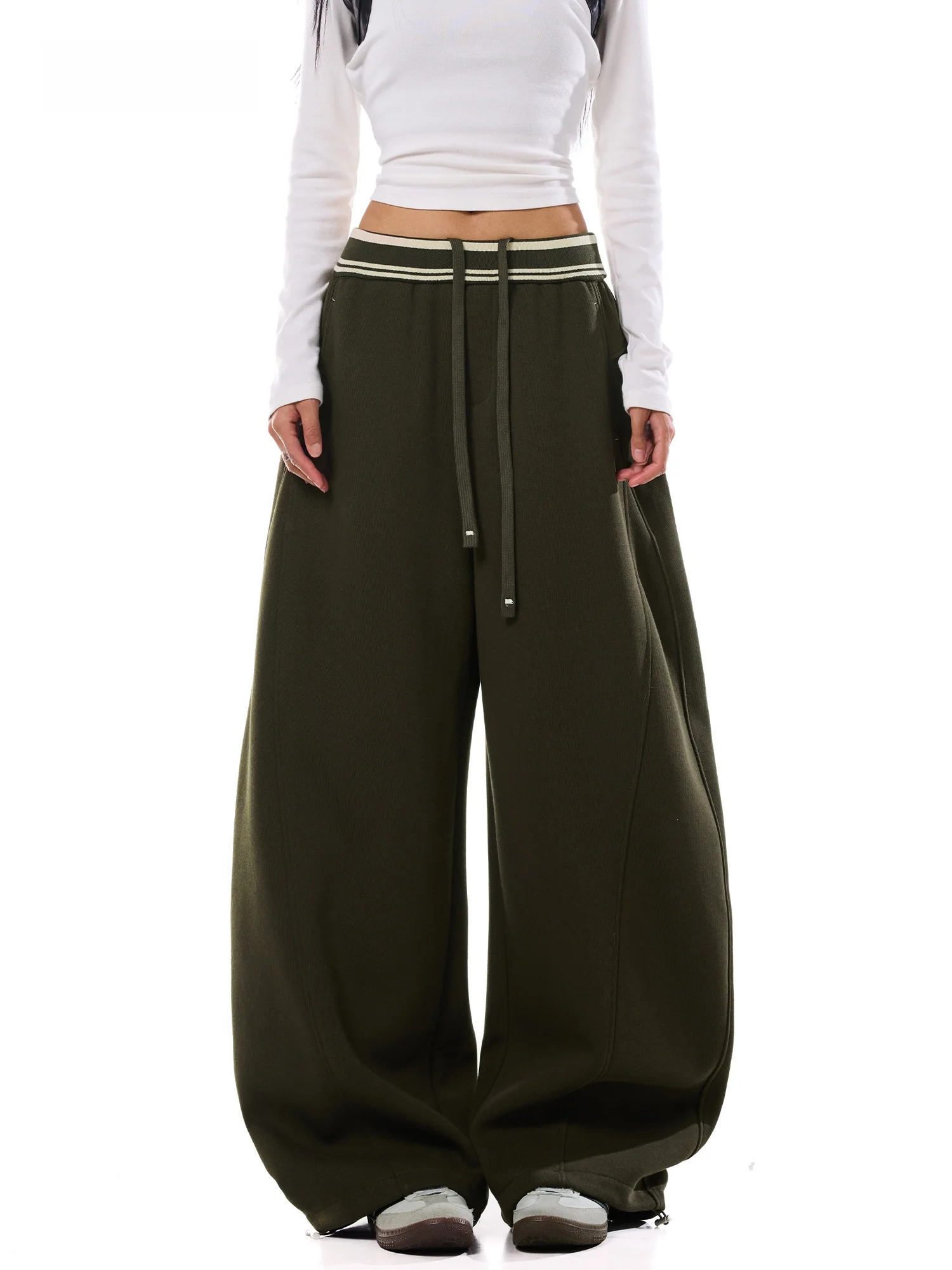 EDX Green Casual Wide Leg Pants Women's Autumn New Style Knife Waist Stripe Color Block Design American Long Pants