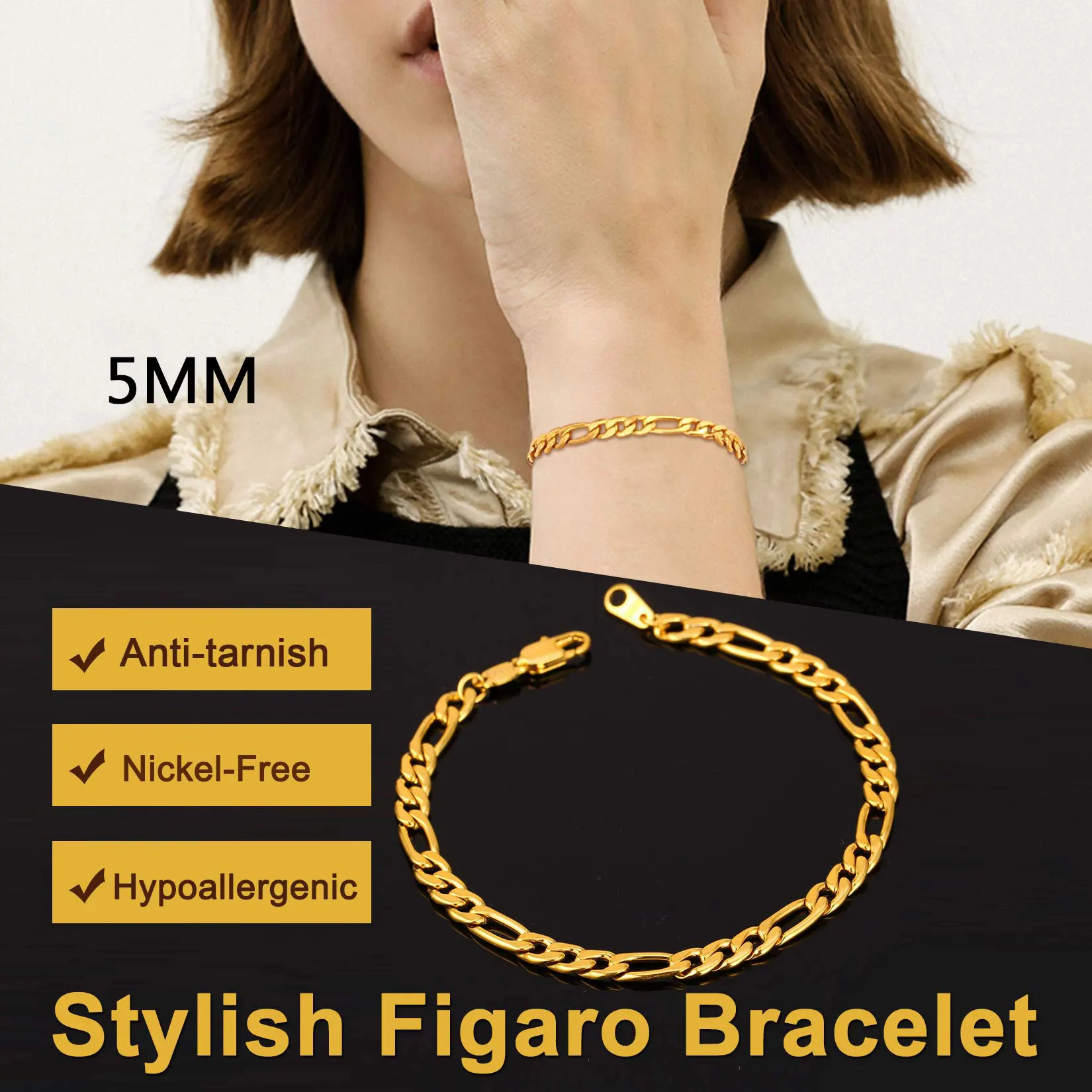 U7 Stainless Steel Chain Bracelet Chunky Wrist Link 5MM Figaro Chain Bracelets for Men Women 8.3 Inch H414
