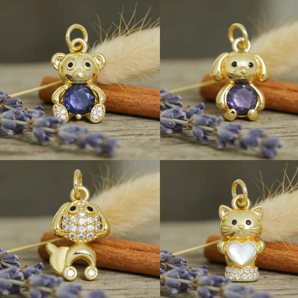

4Pcs Pendant Handmade Brass Zircon Accessory Animal Bear Dog Cat Charm for DIY Jewelry Bracelet Necklace Making Daily Party Wear