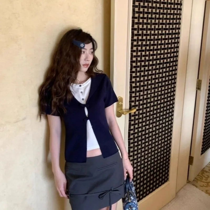 

Women Clothing Summer Fashion Korean Button Solid Color O-neck Female Simplicity Trend All-match Fashionable Two-piece Set Tops
