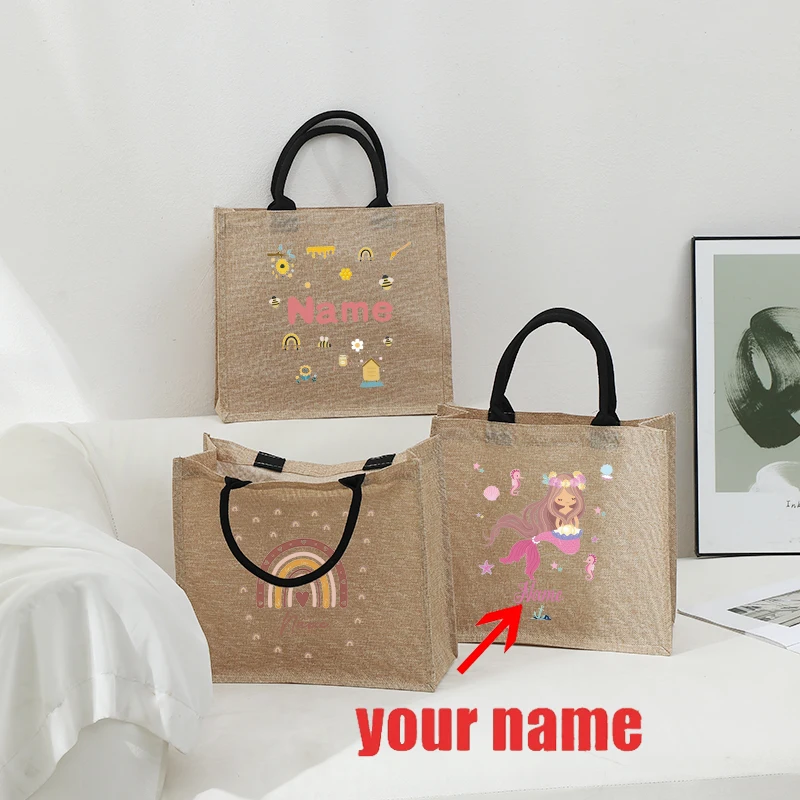 Customizable Name Mermaid Cute Rainbow Clouds Pastel Dinosaur Jute Tote with Hand Shopping Bag for Grils Childrens Friends Gifts 6