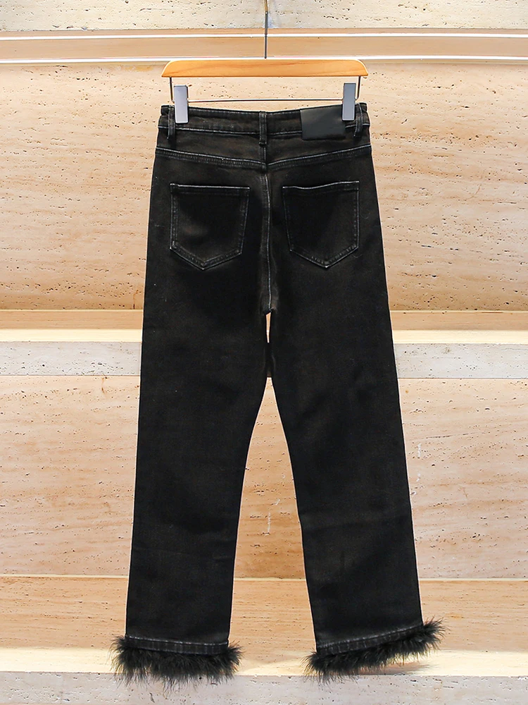 High-End Women's Winter Casual Ostrich Feather Long Skinny Jeans Bla High Waist Wide Leg Pants Adult Wear Four Seasons