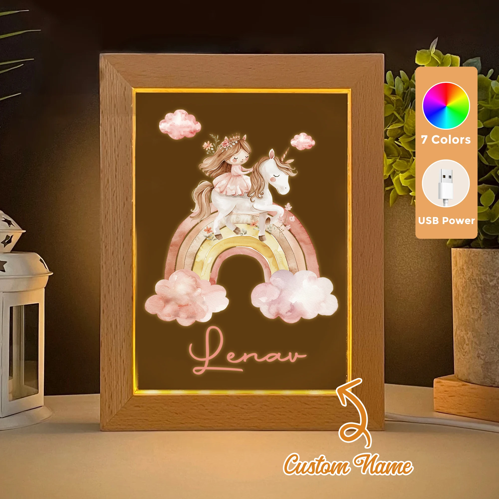 

2D Flat Custom Name Rainbow Girl LED Acrylic Night Light Wood Photo Frame 21x17cm Cartoon Children Bedroom Gifts Home Decor Gift