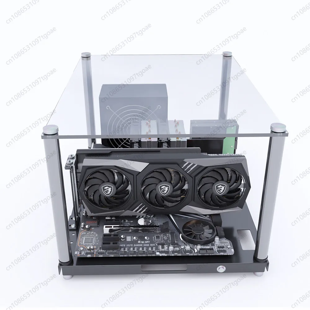 Open computer chassis with minimalist motherboard brackets supporting ATX and MATX test platforms for studios