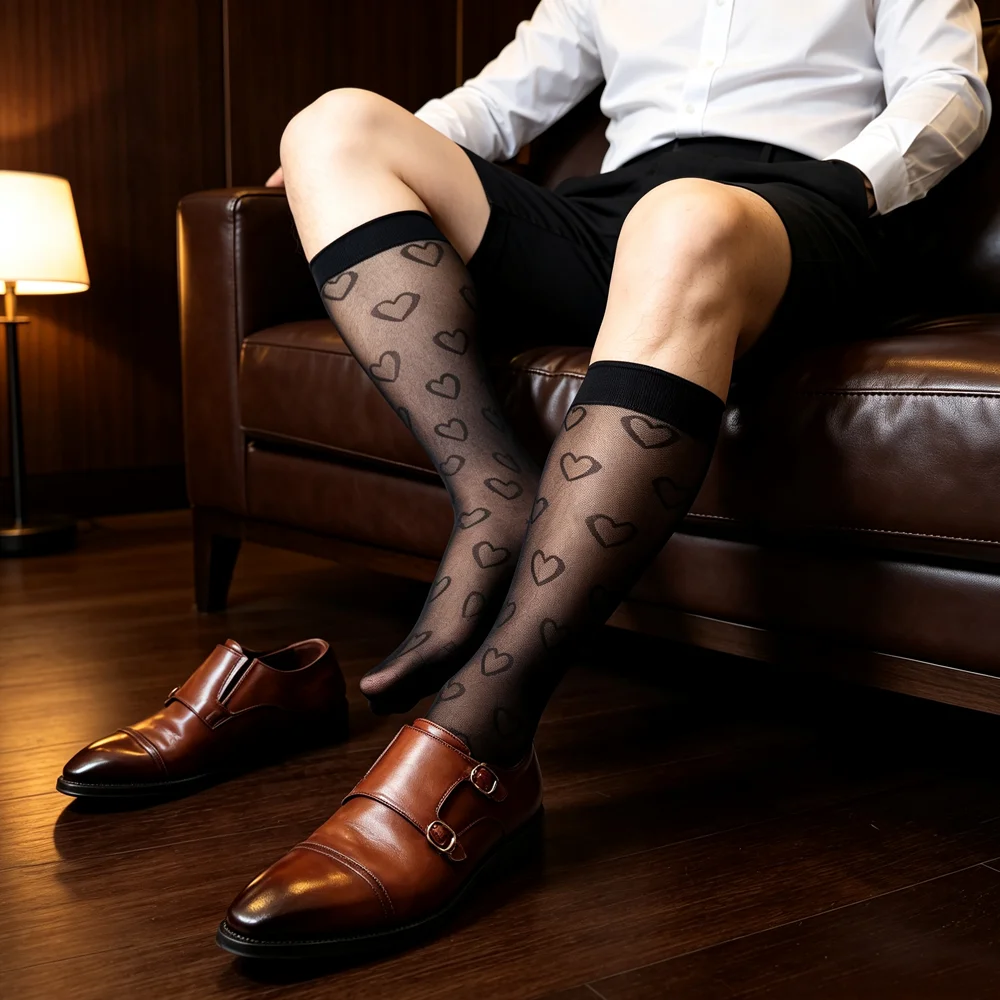 Men's Fashion Sheer Knee High Socks Sheer Black Heart Pattern Formal Business Dress Socks Breathable Soft Office Hosiery