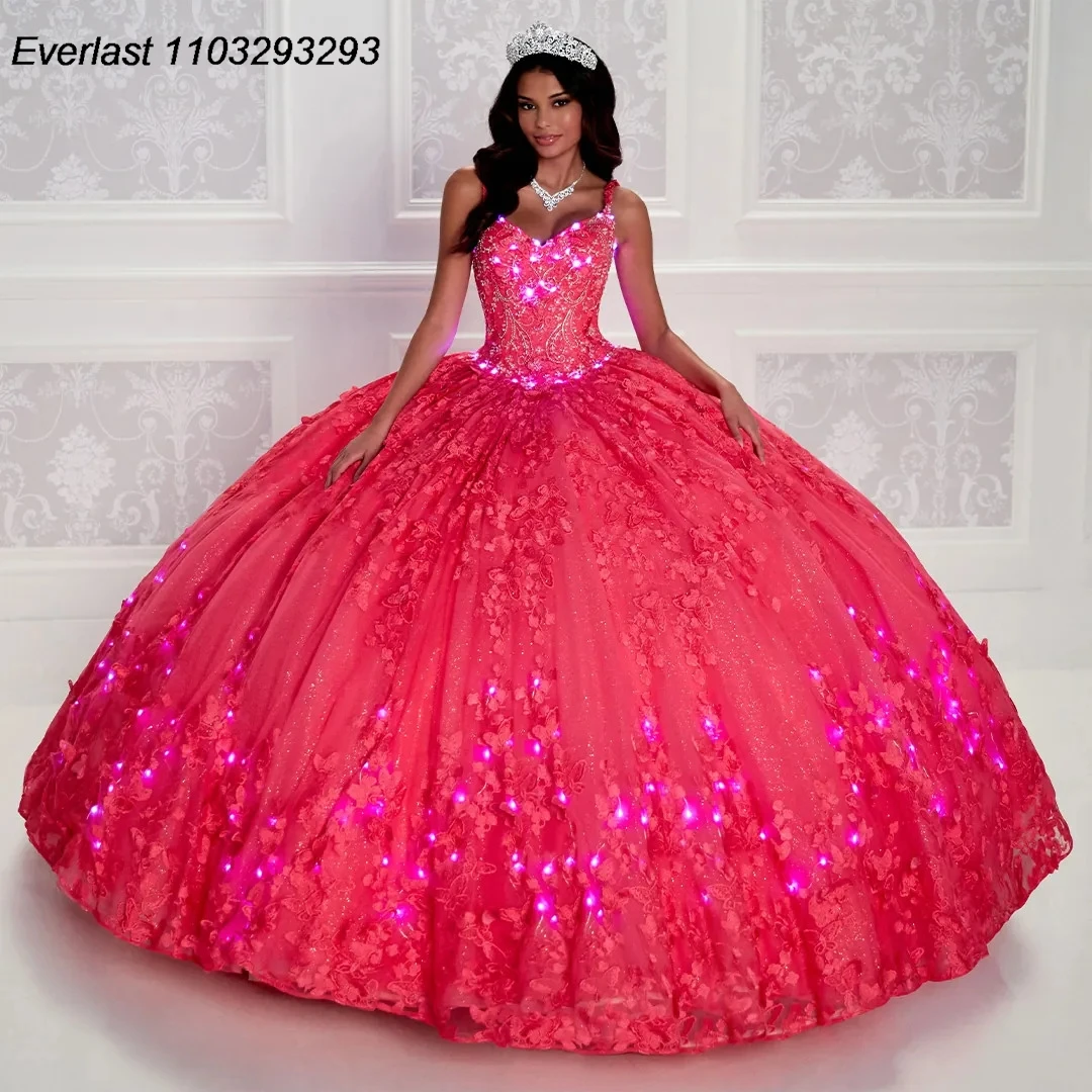 EVLAST Pink Quinceanera Dress 2024 Ball Gown 3D Floral Applique perline Spaghetti con Cape Sweet 16 Vestido 15 De aecos TQD240