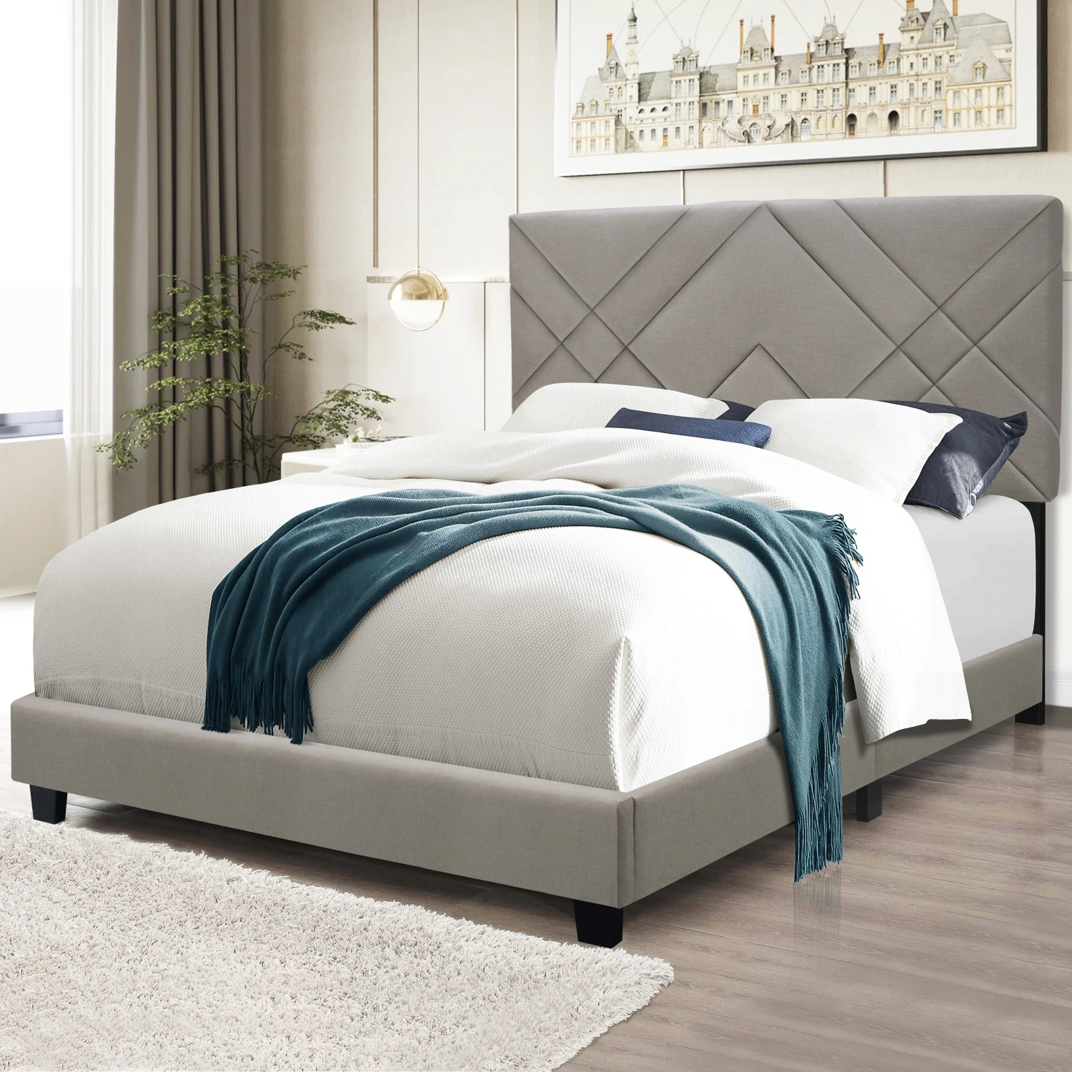 Queen Size Adjustable Upholstered Bed Frame, Stain Resistant, Easy Clean, Simple Design for Any Room