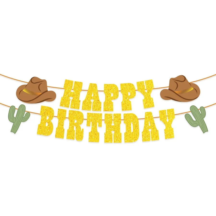 1 Set Western Cowgirl Cowboy Theme Glitter Happy Birthday Bunting Banner Garland for Boy Girl Birthday Party Decoration