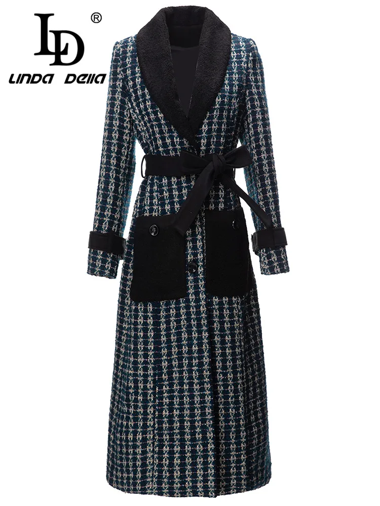 

LD LINDA DELLA Autumn winter Vintage Designer Coat Women Fur collar Elastic Waist Single-breasted Pockets knit Plaid Loose Coat