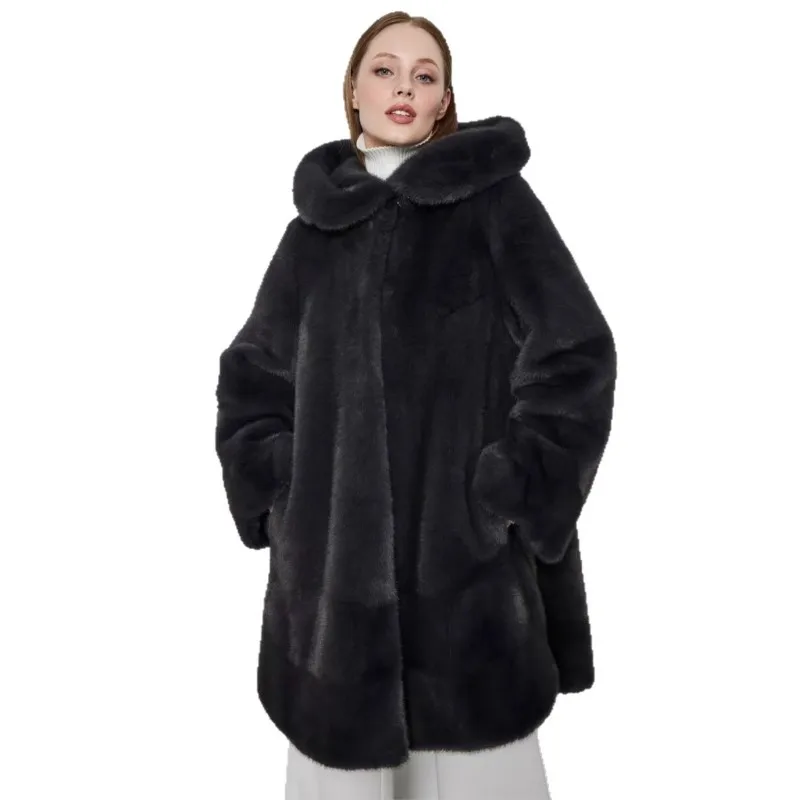 معطف فرو صناعي فضفاض مختلط مع ملابس نسائية طويلة بغطاء للرأس #5